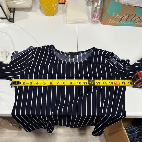 Banana Republic Navy White Stripe Ruffle Sleeve Peekaboo Blouse Womens Small - Picture 6 of 7
